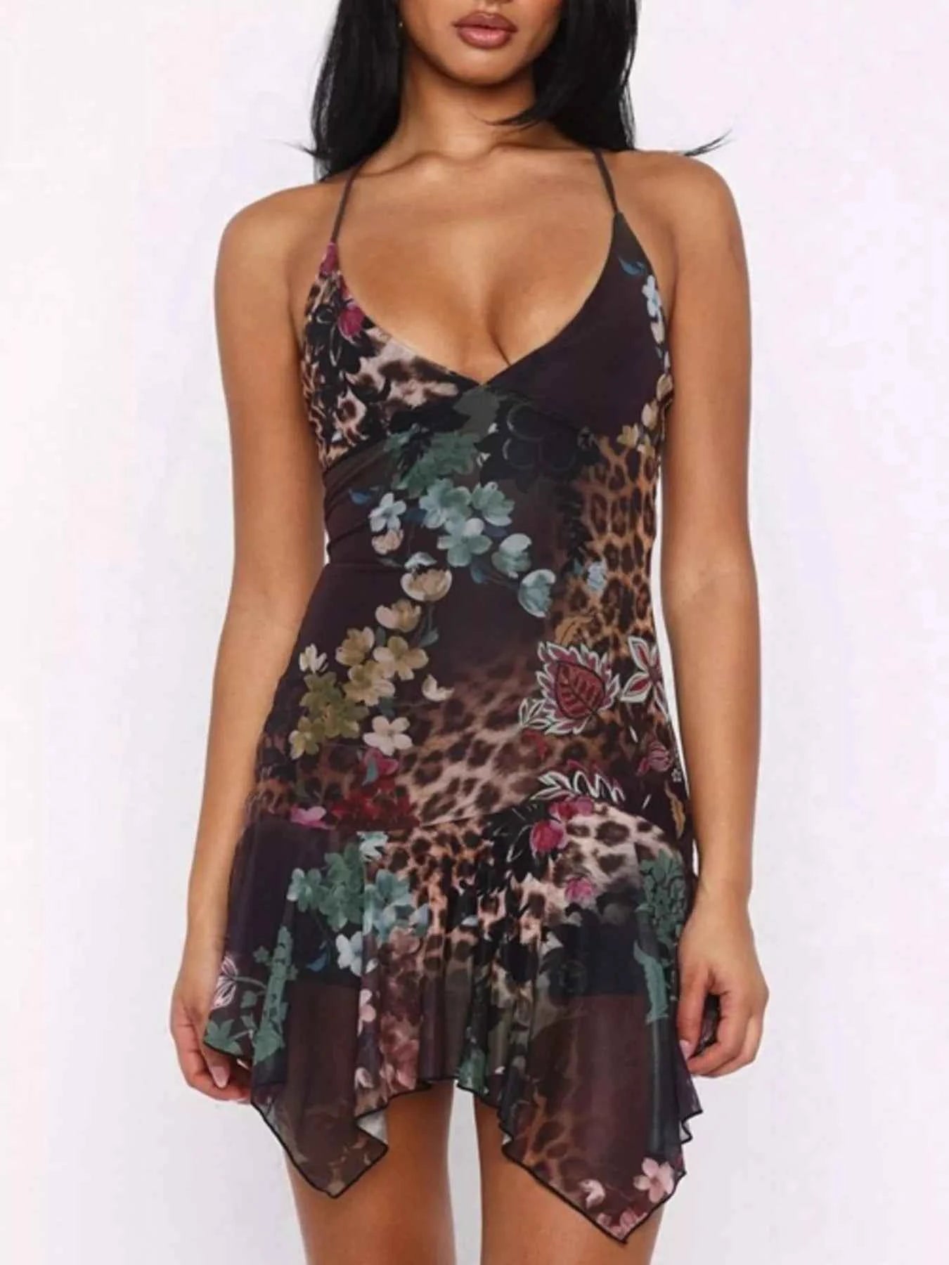 Sheer Floral Print Sleeveless Asymmetrical Mini Dress