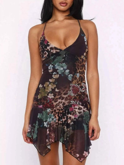 Sheer Floral Print Sleeveless Asymmetrical Mini Dress