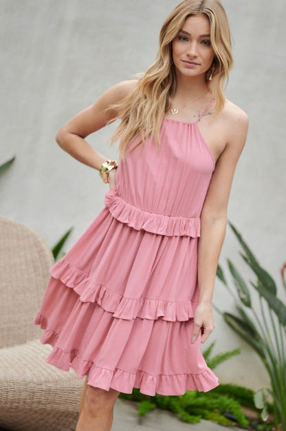 Square Neck Solid Ruffle Sleeveless Mini Dress