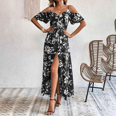 Floral Maxi Summer Dress - Cold Shoulder Split A-Line
