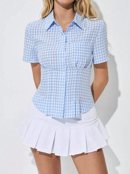 Trendsi light blue gingham Short Sleeve Button-Up Shirt fitted collared style paired with white pleated mini skirt