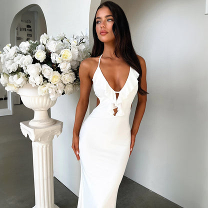 Women's Ruffled V Neck Halter Maxi Dress - Slim Fit Sling - Fashions Envy