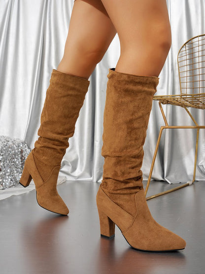 Chunky Heel Pointed Toe Boots - Suede High Shaft