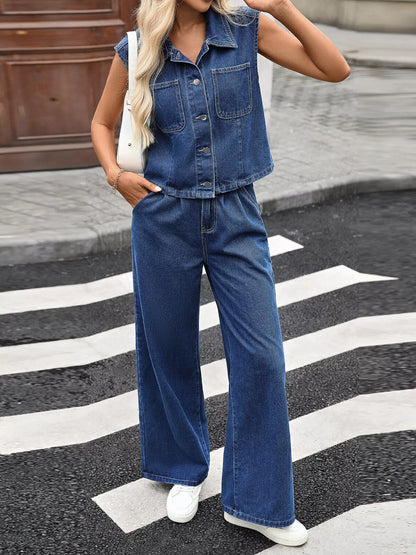 Button-Up Vest Denim Set - Sleeveless Top & Jeans Outfit - Fashions Envy