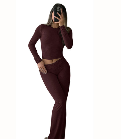 Sports Two Piece Set - High Waisted Flared Pants Streetwear