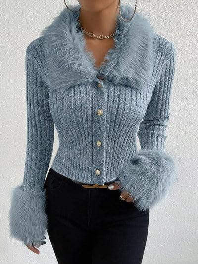 Faux Fur Trim Ribbed Knit Cropped Cardigan - Fashions Envy