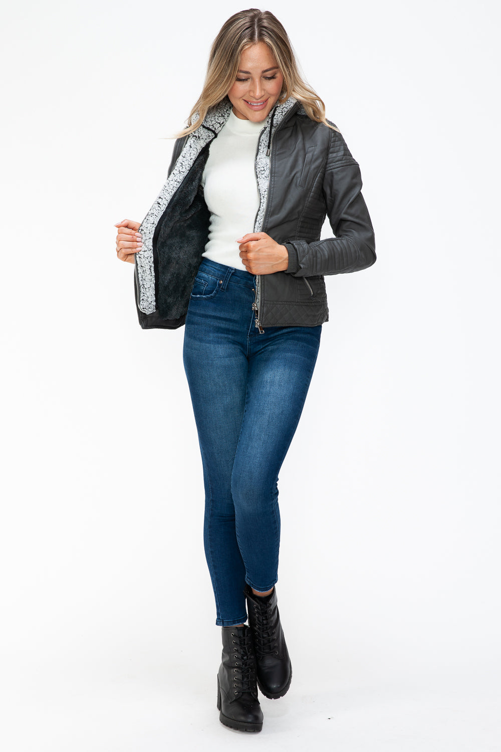 Charcoal Faux Layered Double-Zipper Jacket with Fuzzy Hood