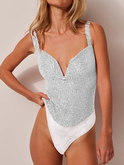 Sequin Wide Strap Bodysuit - Fashions Envy