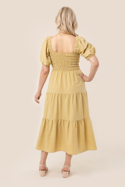Tiered Midi Dress with Puff Sleeves