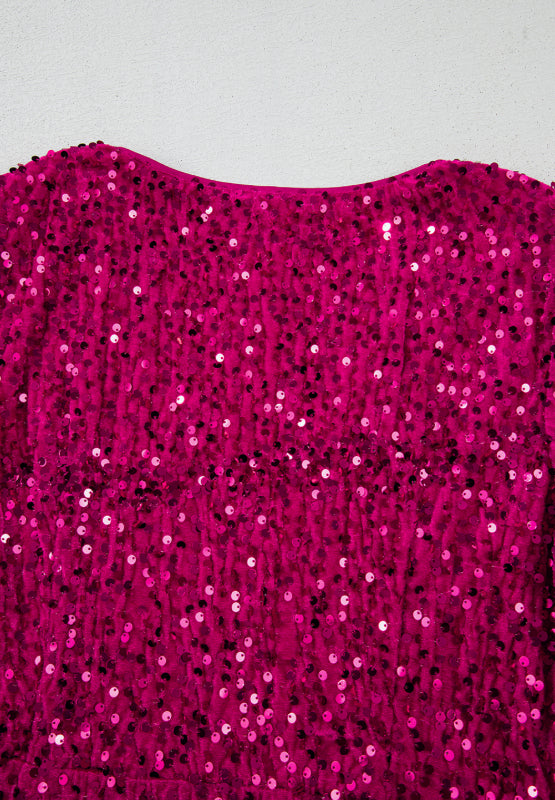 Deep Rose Sequin Surplice Long Sleeve Mini Dress