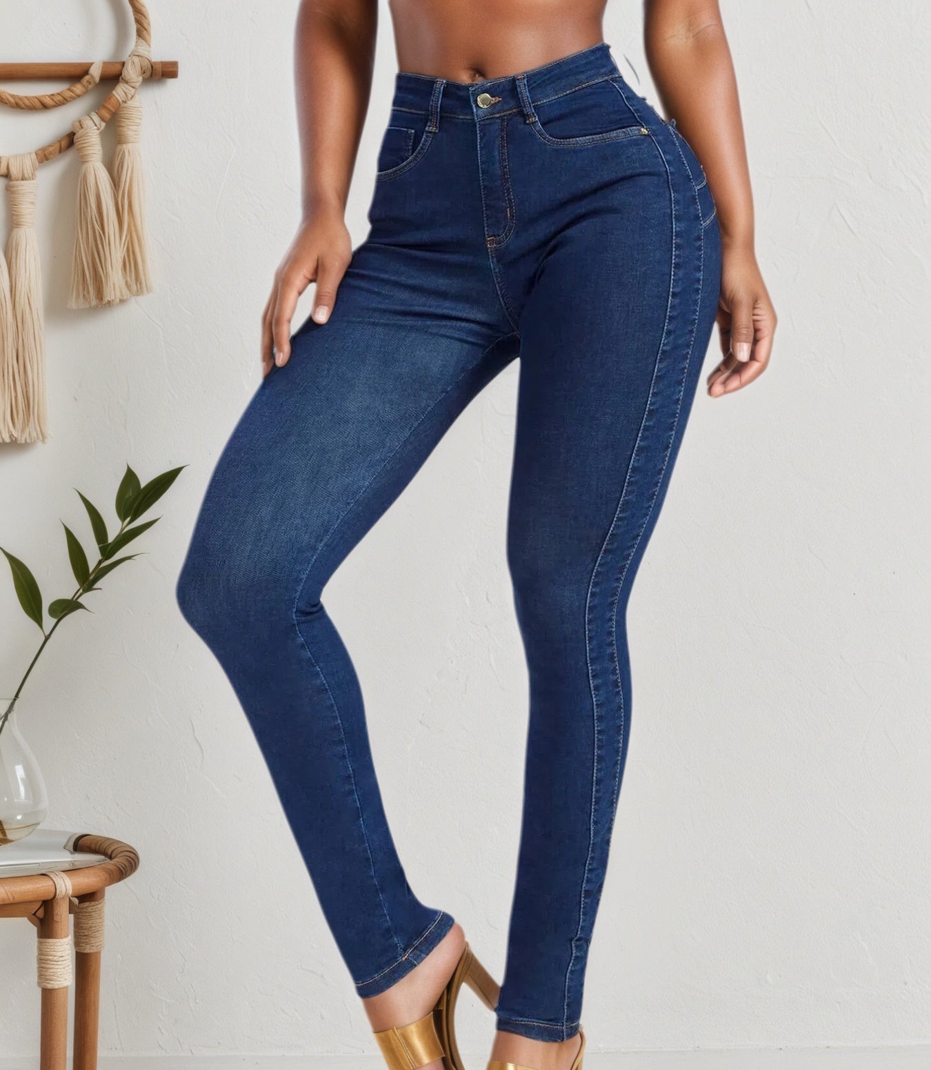 High Waist Slim Jeans - Stretchy Fit Classic Blue Denim