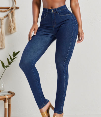 High Waist Slim Jeans - Stretchy Fit Classic Blue Denim