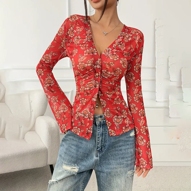 Long Sleeve V Neck Ruched Button Down Floral Shirt