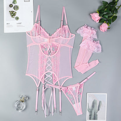 Embroidered Corset Garter Set - 3PC Lace-Up Lingerie