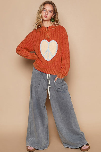 Orange-Red Cable-Knit Peace Patch Dropped Shoulder Sweater