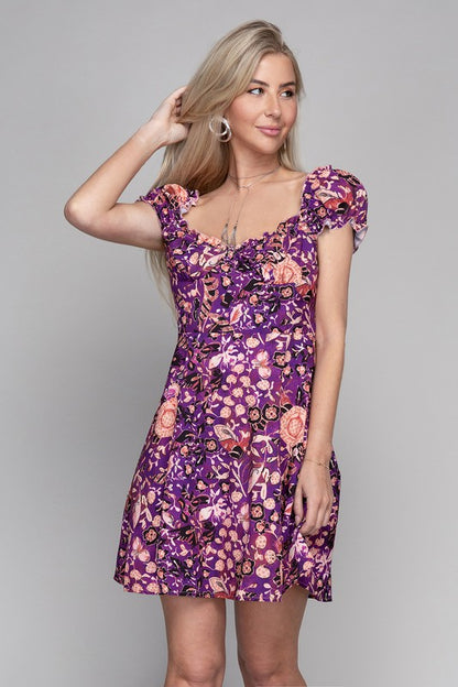 Purple Floral Print Puff Sleeve Mini Dress