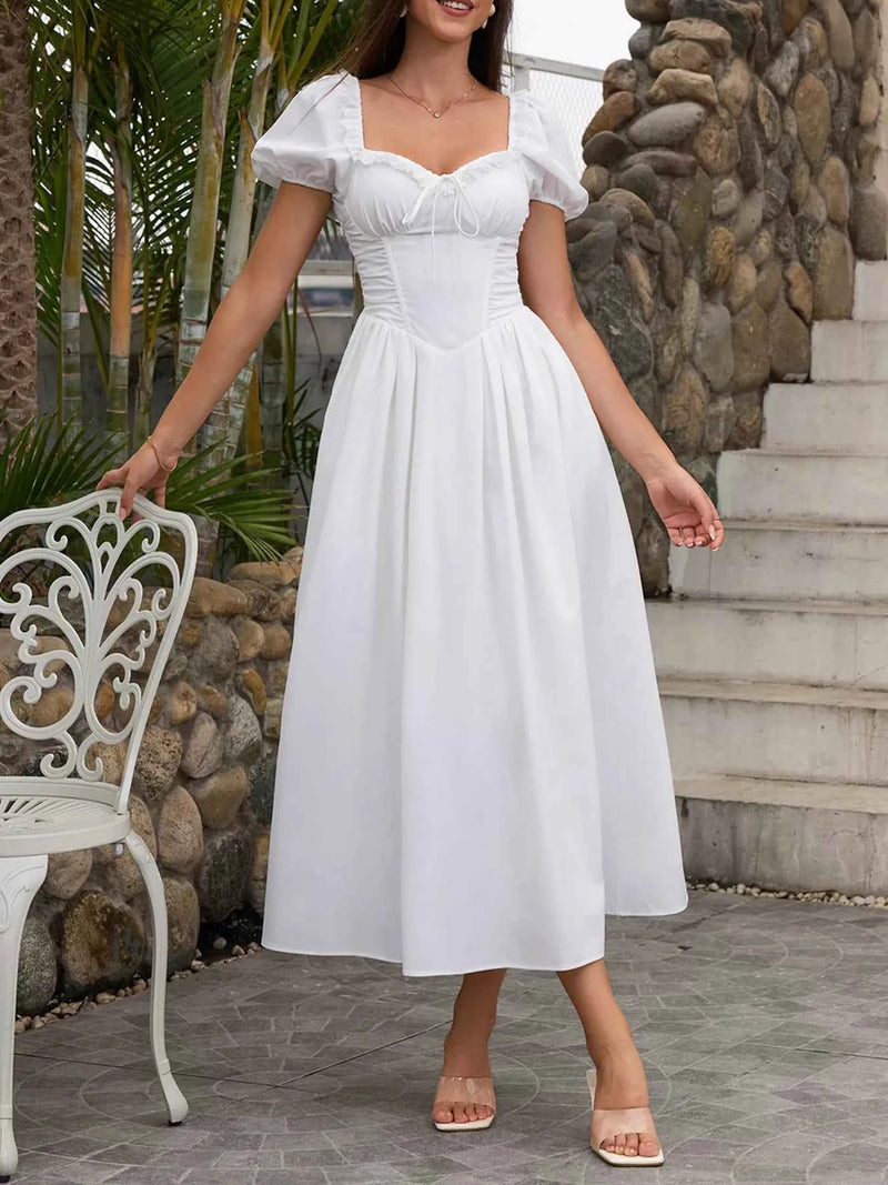 Sweetheart Neck Puff Sleeve Midi Dress