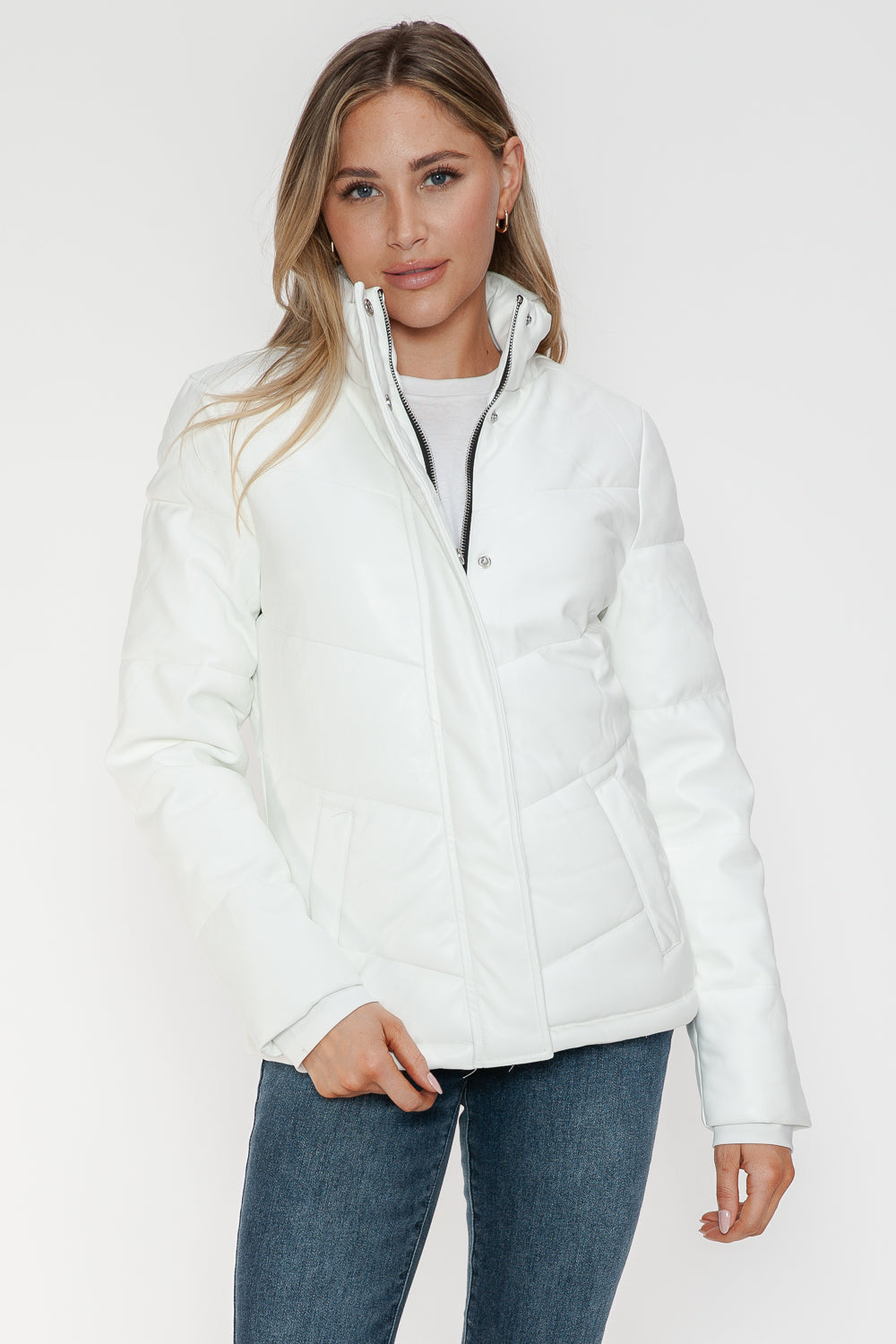 Pocketed Zip Up Turtleneck White Puffer Jacket