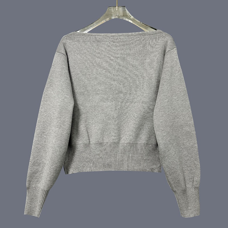 Off-Shoulder Cropped Sweater - Ribbed Knit Boat Neck Top