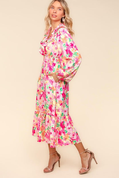 Pink-Multicolor Full Size Floral Surplice Balloon Sleeve Dress with Side Pockets