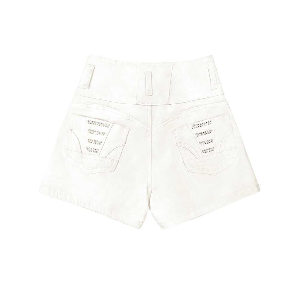 White High-Waist Bling Pocket Shorts - Stretch Denim Button Shorts