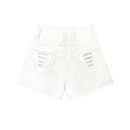 White High-Waist Bling Pocket Shorts - Stretch Denim Button Shorts