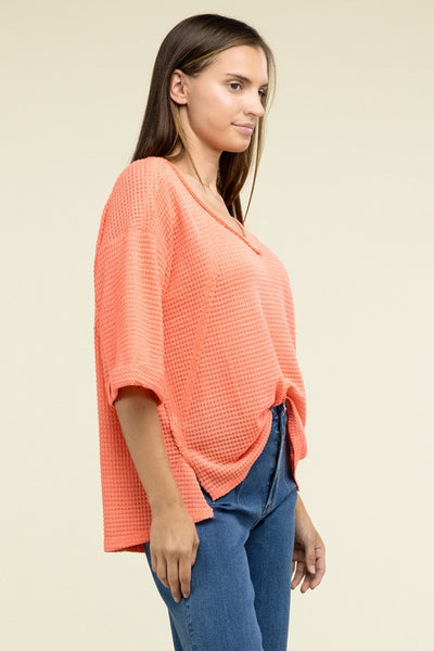 Brushed Waffle Exposed-Seam 3/4 Sleeve Top - Fashions Envy