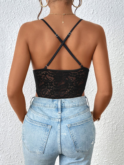 Perfee Crisscross Lace Spaghetti Strap Bodysuit