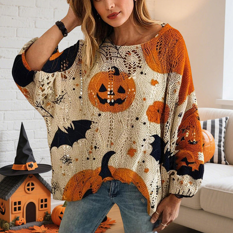 Diamond Hollow Out Batwing Sleeve Top - Loose Fit Pumpkin Halloween Print