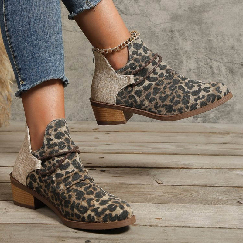 Contrast Canvas Low Heel Boots - Fashions Envy