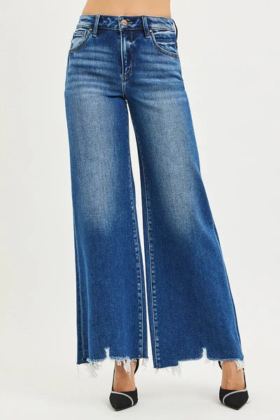 RISEN Wide Leg Jeans - Women's High Rise Distressed Hem - Fashions Envy