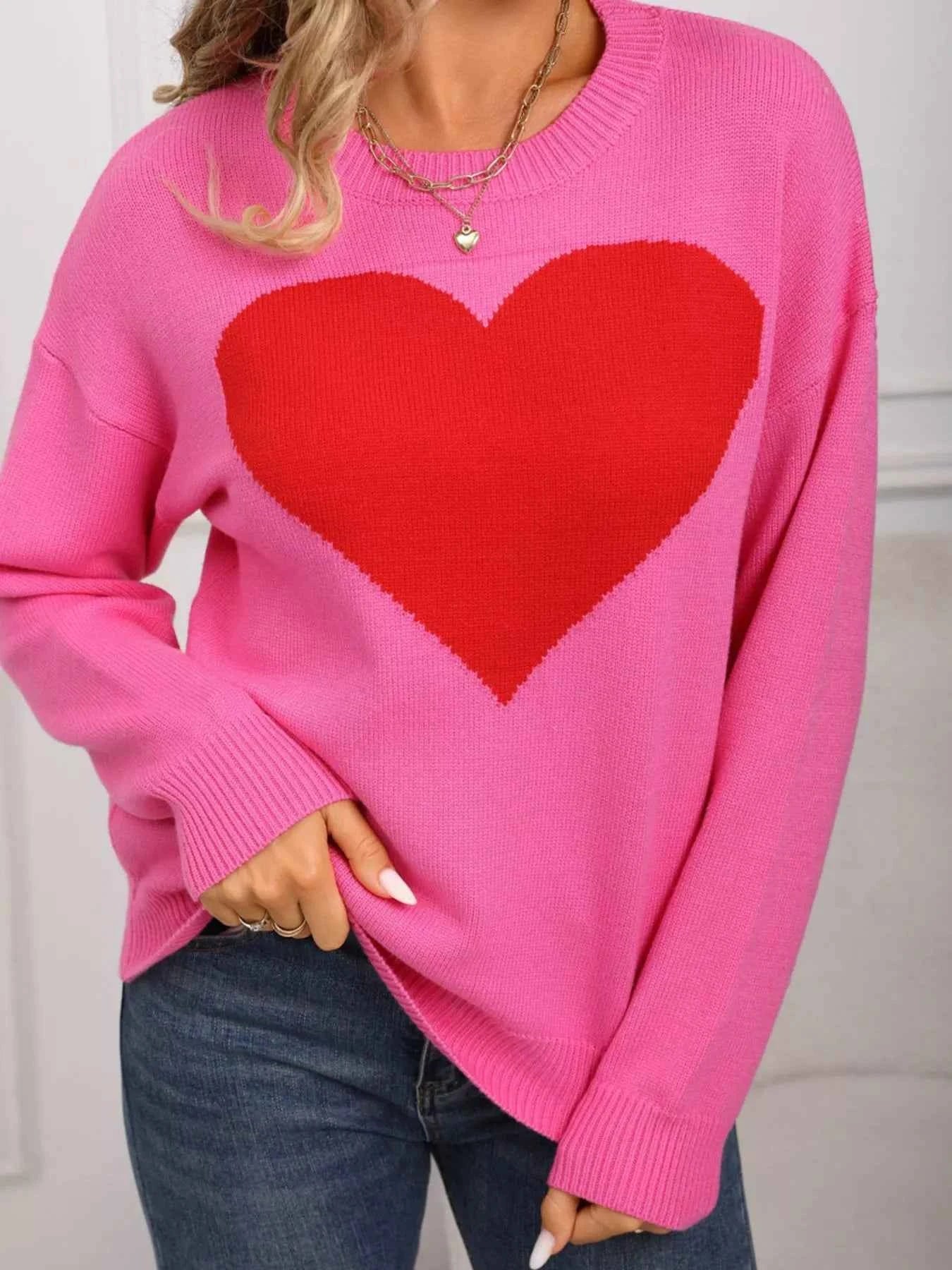 Valentine's Day Heart Round Neck Dropped Shoulder Sweater - Fashions Envy