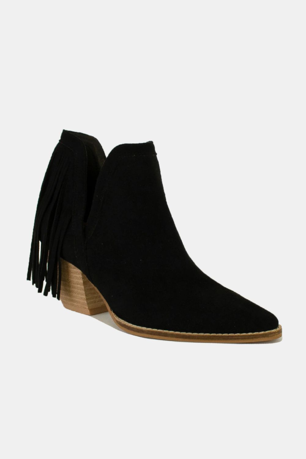 Black Fringe Side V-Cut Ankle Booties