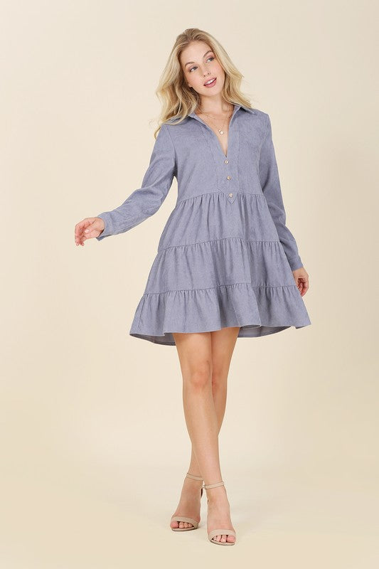 Corduroy Tiered Long Sleeve Mini Dress