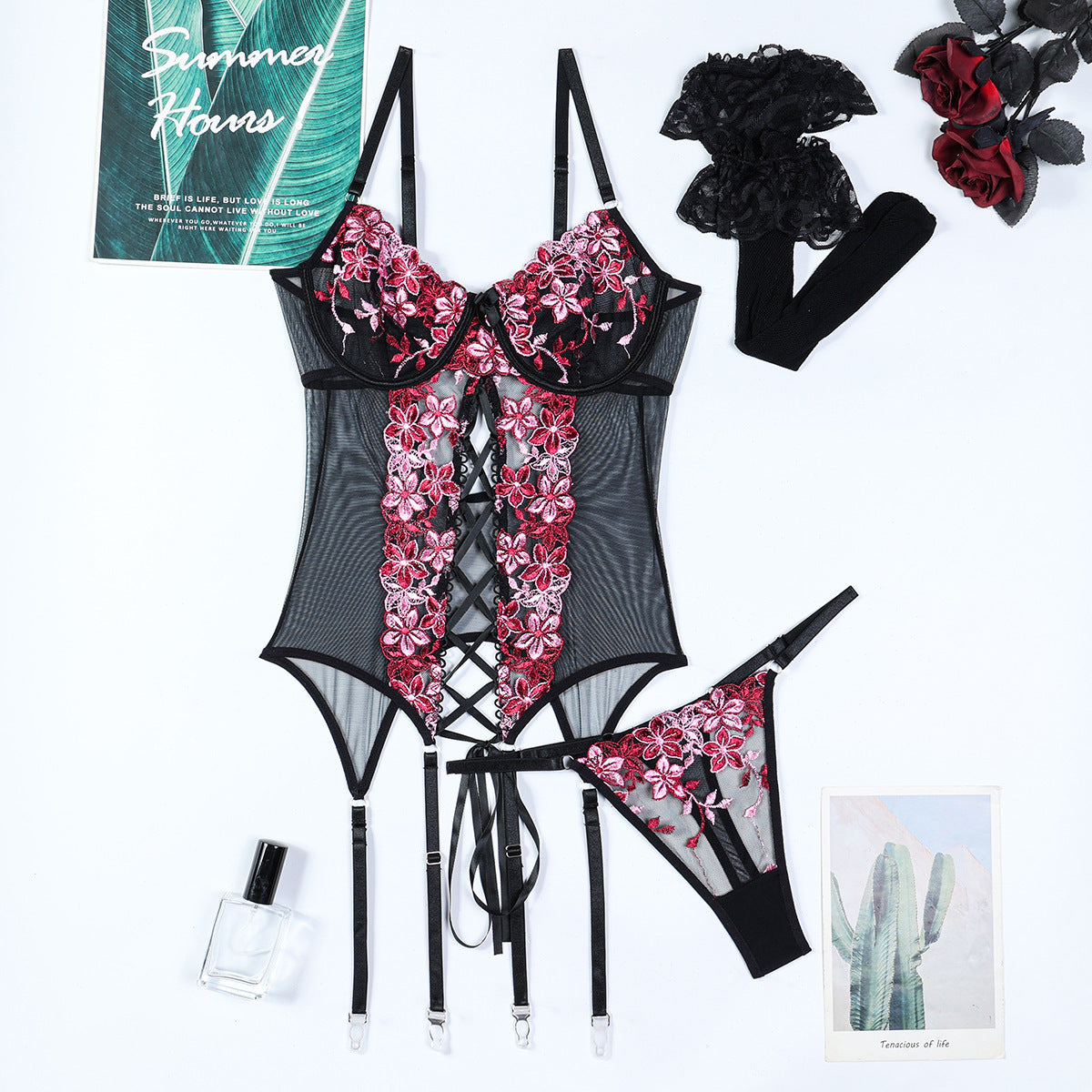 Embroidered Corset Garter Set - 3PC Lace-Up Lingerie