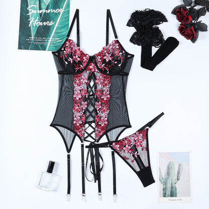 Embroidered Corset Garter Set - 3PC Lace-Up Lingerie
