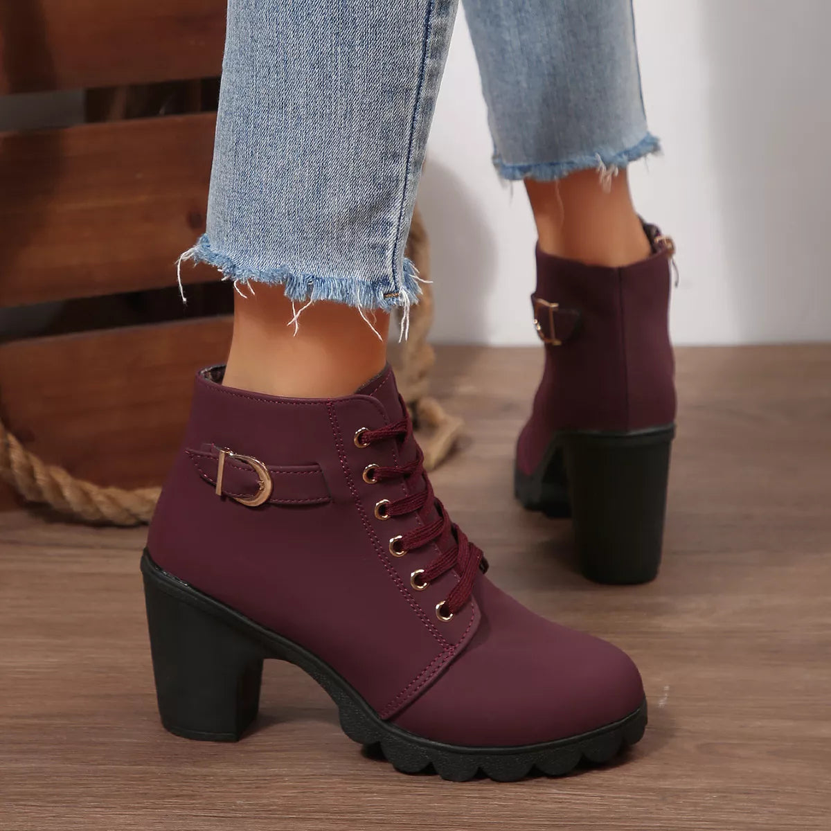 Lace Up Boots - Block High Heels - Fashions Envy