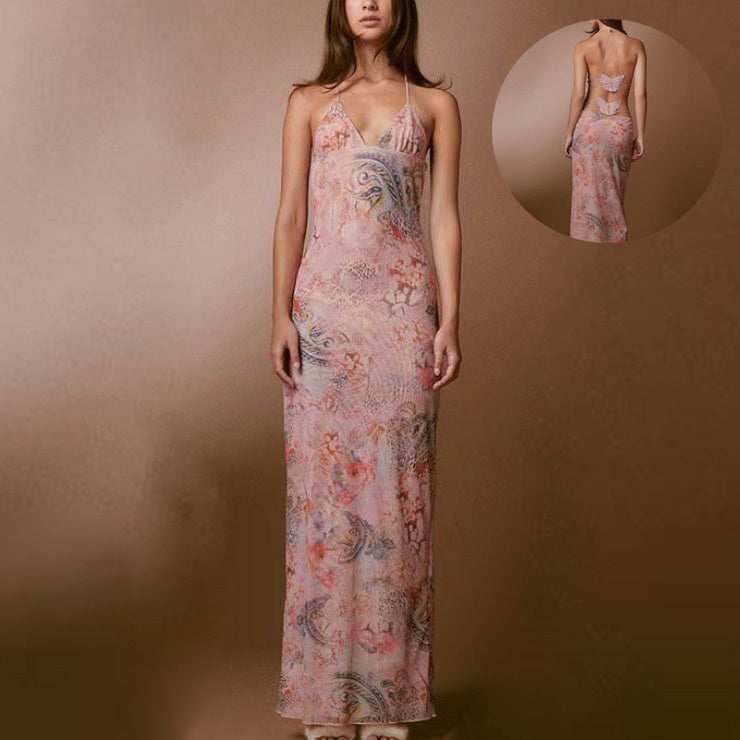 Floral Halter Dress - Spaghetti Strap Butterfly Back Summer