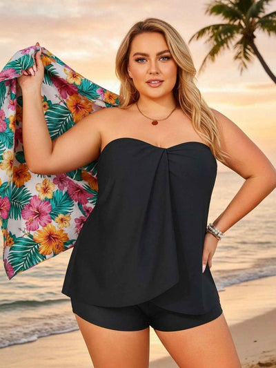 2026 Elegant Bandeau Tankini For Plus Size - Black Flowy Peplum Top, Modest Shorts, Comfortable Beach Vacation Swimwear