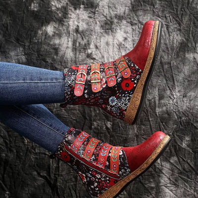 Embroidered Boots - Round Toe Flats - Fashions Envy