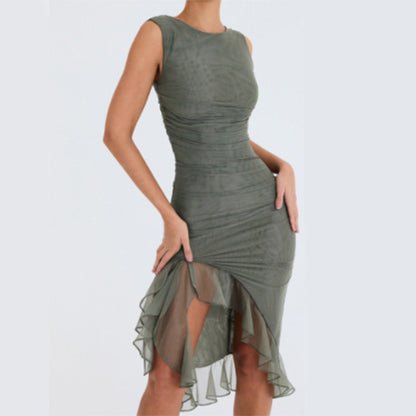 High-Neck Ruffle Hem solid Color Midi Dress