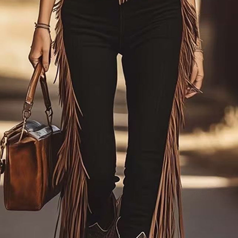 Women's Vintage Western Fringe Pants, Solid Color Slim Fit Trousers With Waist And Leg Fringe Detail