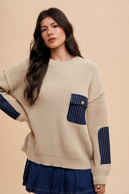 Khaki Contrast Round Neck Drop Shoulder Sweater with Patch Pocket