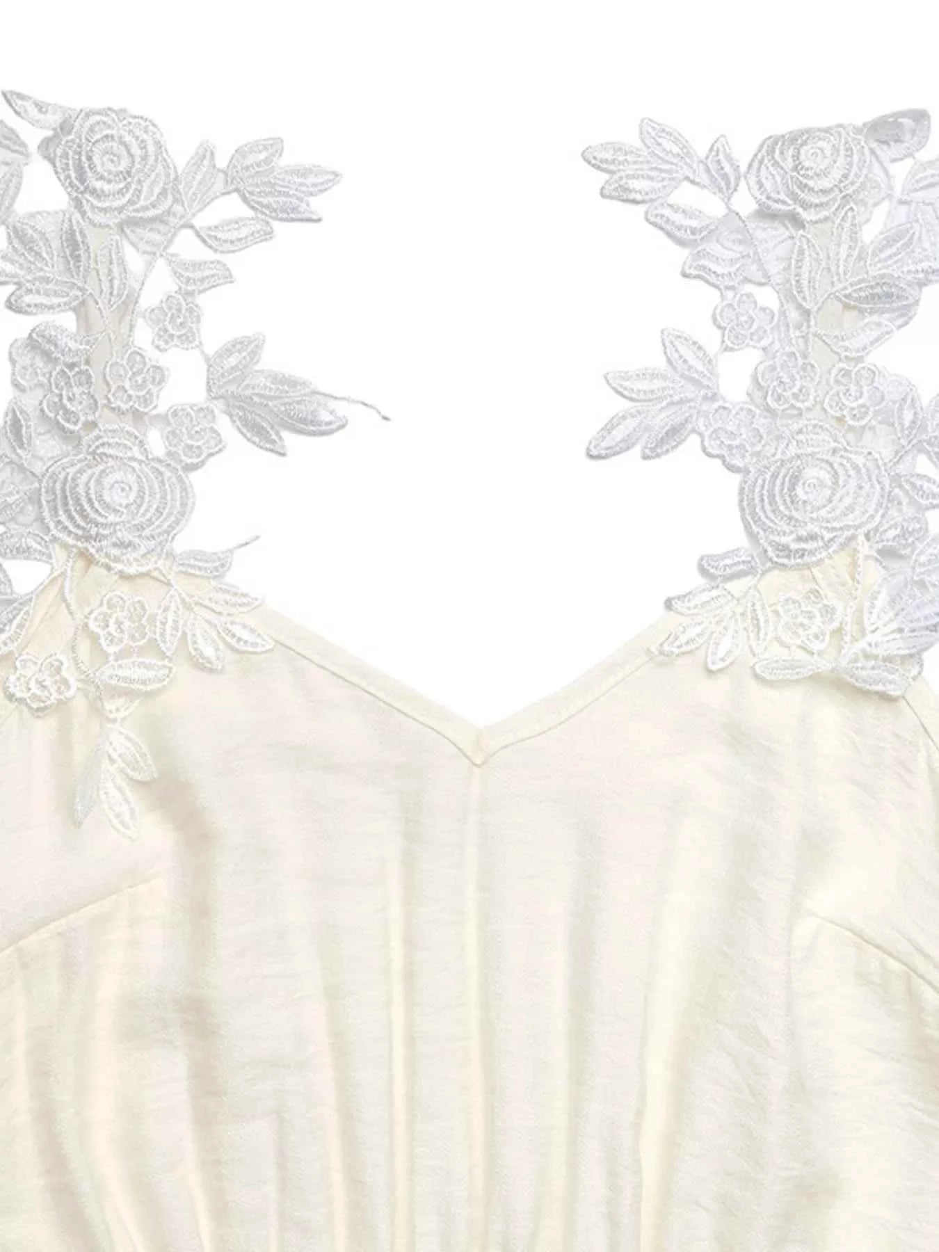 Slit Maxi Dress - Tie Waist Lace Trim Detail