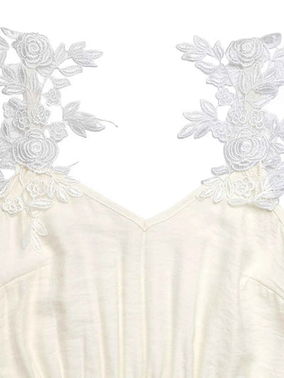 Slit Maxi Dress - Tie Waist Lace Trim Detail