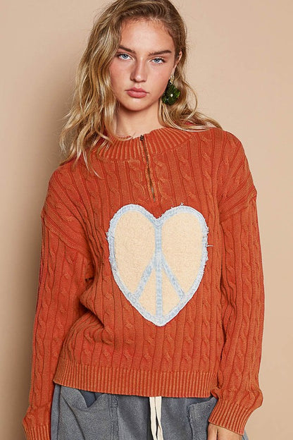 Orange-Red Cable-Knit Peace Patch Dropped Shoulder Sweater