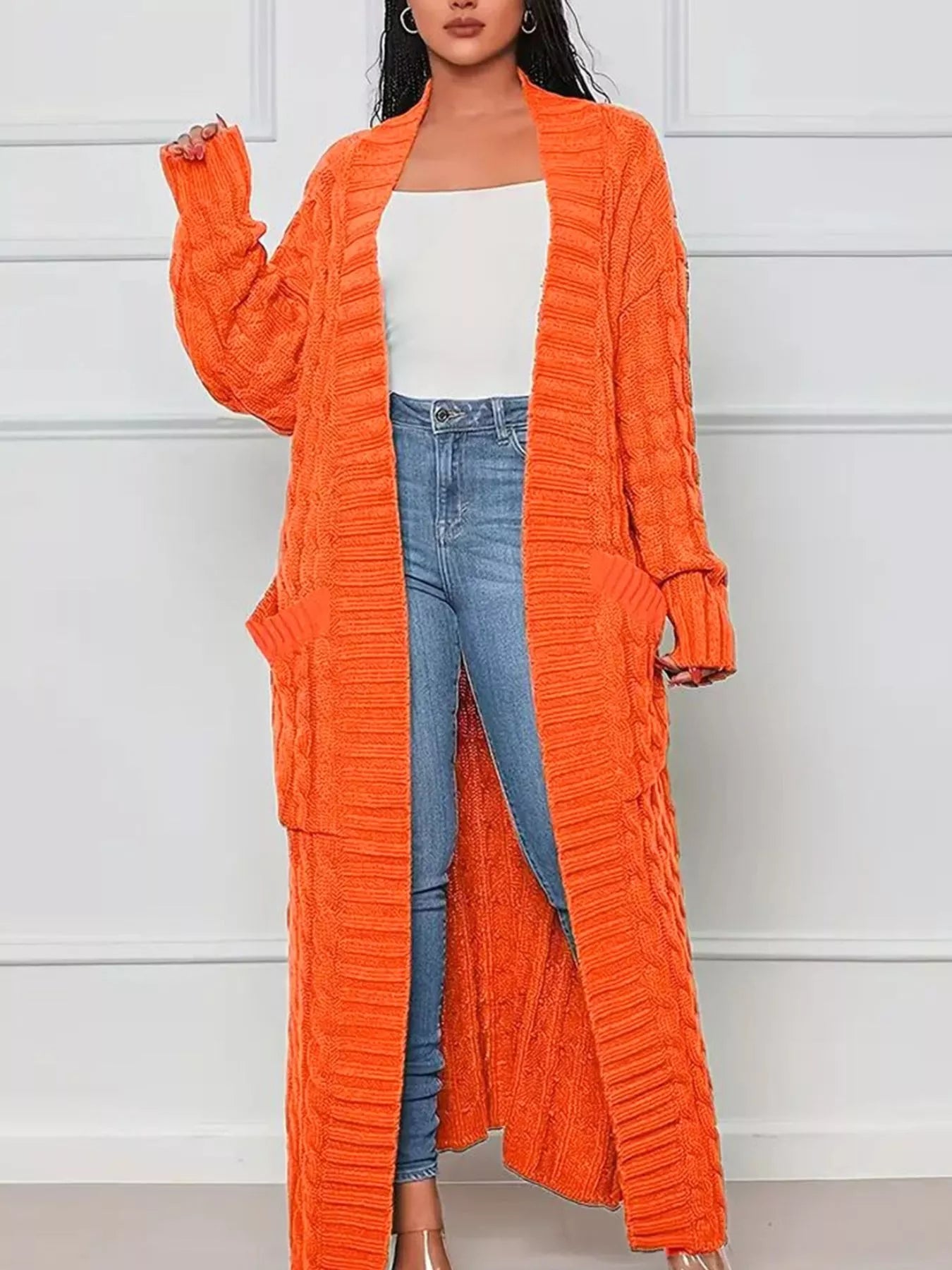 Cable Knit Cardigan - Longline Textured Pocketed Duster - Fashions Envy