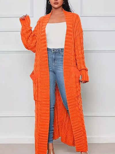 Cable Knit Cardigan - Longline Textured Pocketed Duster - Fashions Envy