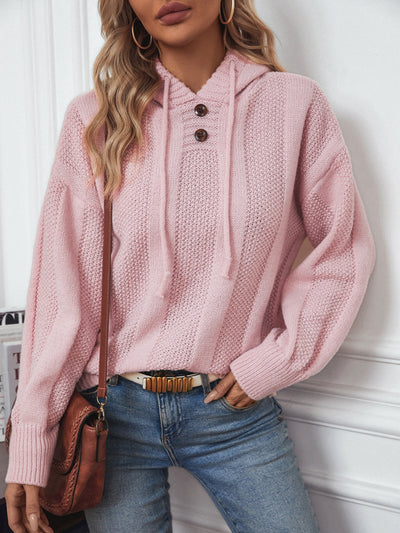 Drawstring Long Sleeve Hooded Sweater - Fashions Envy