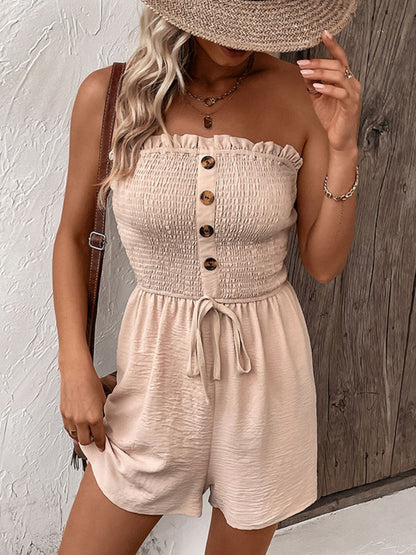 Perfee Decorative Button Smocked Strapless Romper - Fashions Envy